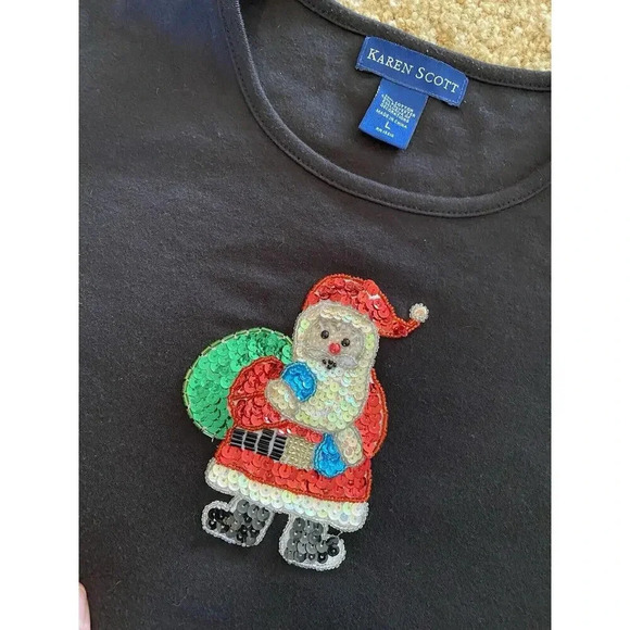 Karen Scott Womens Size Large Black Christmas Santa Sequin Shirt Top Long Vtg - Picture 5 of 7